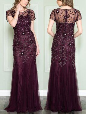 Eggplant Purple Sequin Floral Chiffon Formal Wedding Evening Dress 18